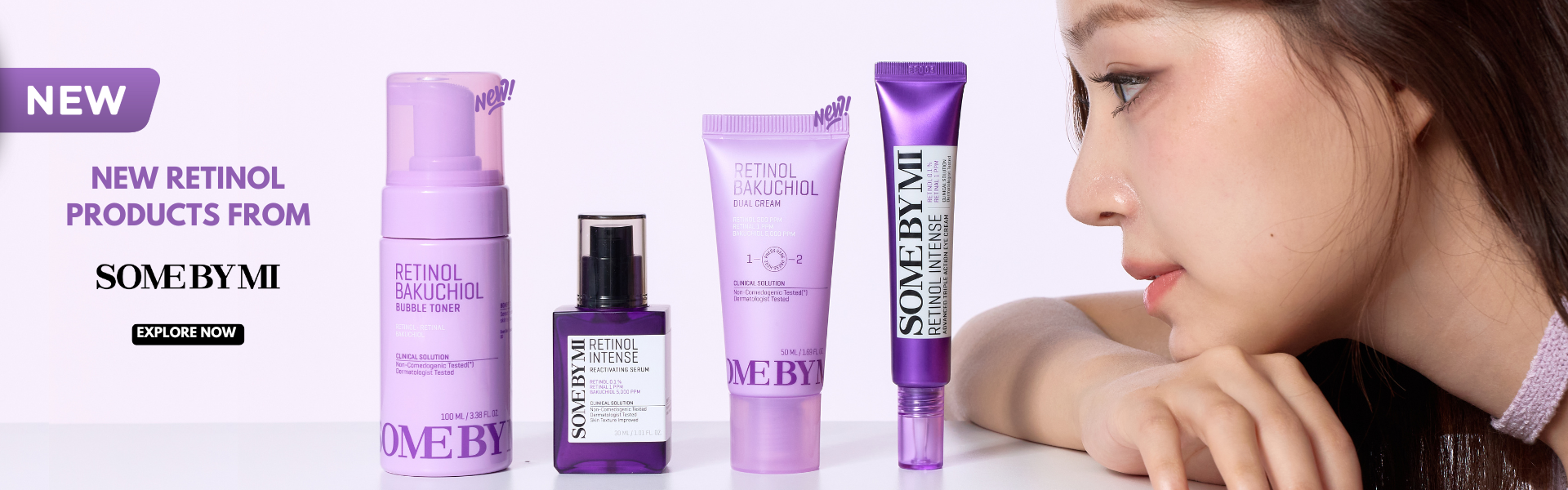 A lineup of four purple-toned skincare products from SOME BY MI’s new retinol collection, including a bubble toner, reactivating serum, dual cream, and intense cream, displayed on a white surface with a light purple background.
