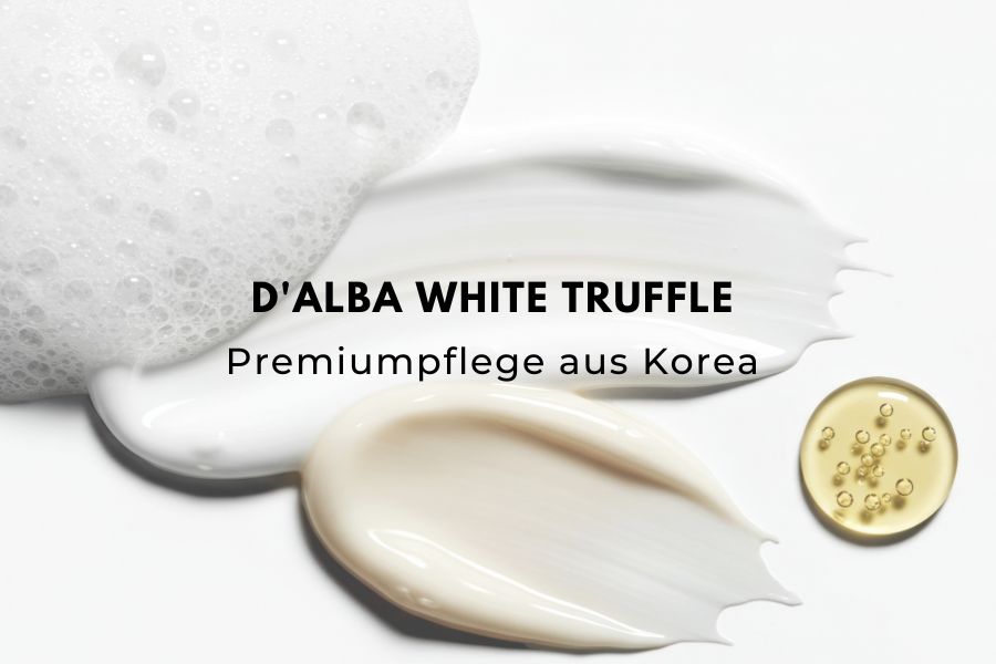 Titelbild für einen Beauty Blog über d'Alba White Truffle mit Creme- und Serum-Texturen als Hintergrund.