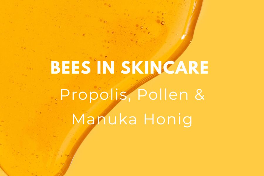 Titelbild für einen Beauty Blog über Propolis, Pollen und Manuka Honig mit goldener Honig-Textur.