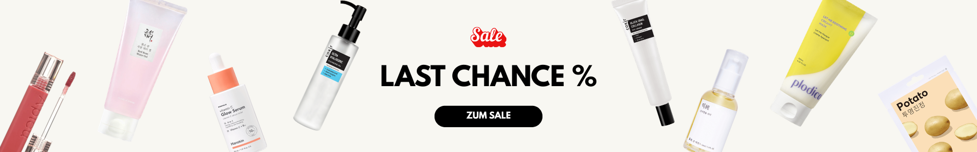 K-Beauty House Last Chance Sale Banner mit Han Skin Vitamin C Glow Serum, Coxir Hyaluronsäure Serum, und weiteren koreanischen Hautpflegeprodukten